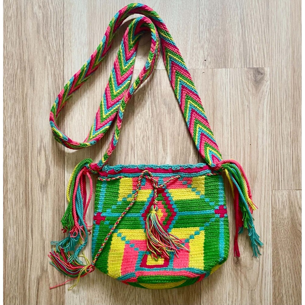 Authentic Wayuu Mochila Crossbody Bag – Neon Geometric Crochet